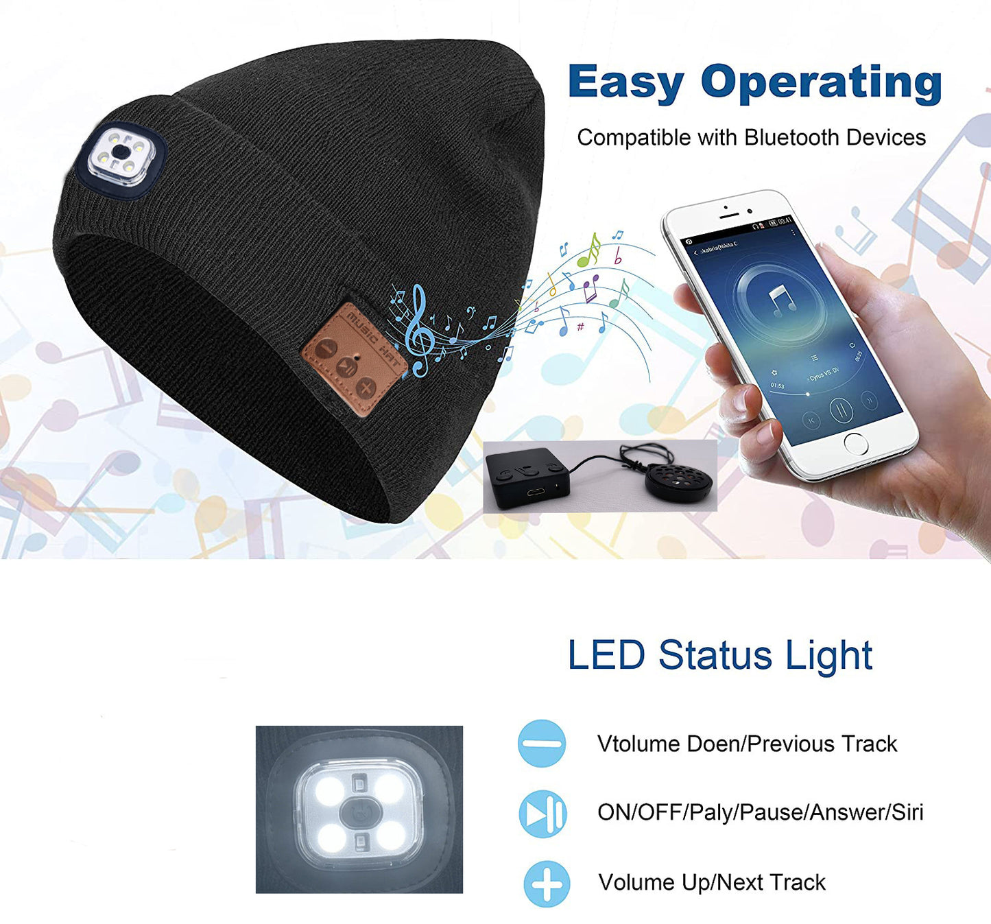 Bonnet tricoté Bluetooth pour extérieur, course de nuit, pêche de nuit, lumière LED